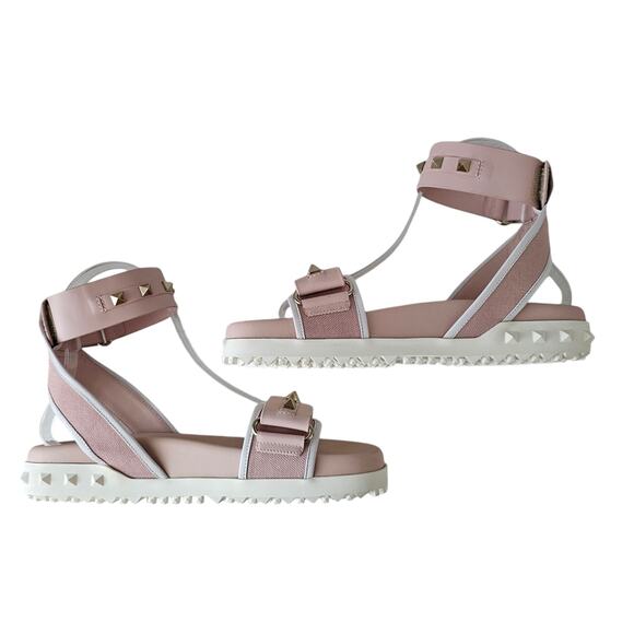 Valentino Garavani Rockstud Flat Ankle Strap Sandal Size 36 US 6 Pink Gold - Picture 5 of 10